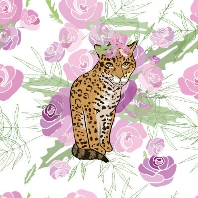 Papier peint à motif  Style rétro Illustration avec des fleurs et des animaux