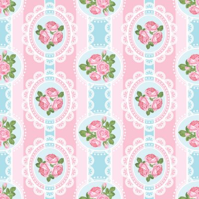 Papier peint à motif  Style shabby chic rose et bleu avec des fleurs