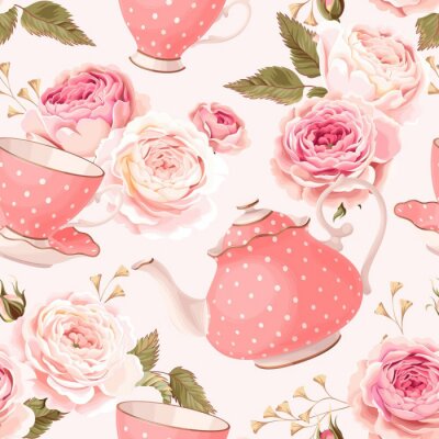 Papier peint à motif  Styles minables avec des roses et de la porcelaine