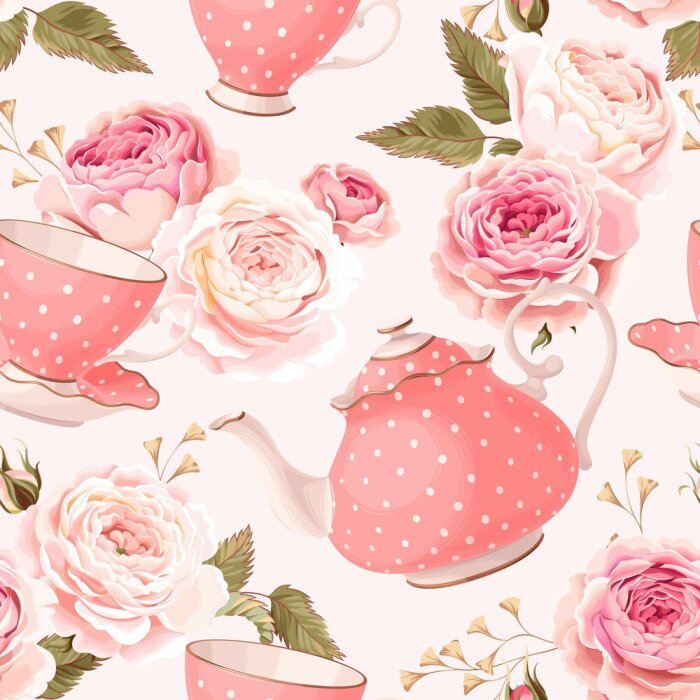 Papier peint à motif  Styles minables avec des roses et de la porcelaine