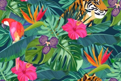 Papier peint à motif  Summer seamless pattern with tropical palm leaves, flowers, parrot and tiger. Jungle fashion print. Hawaiian background. Vector illustration