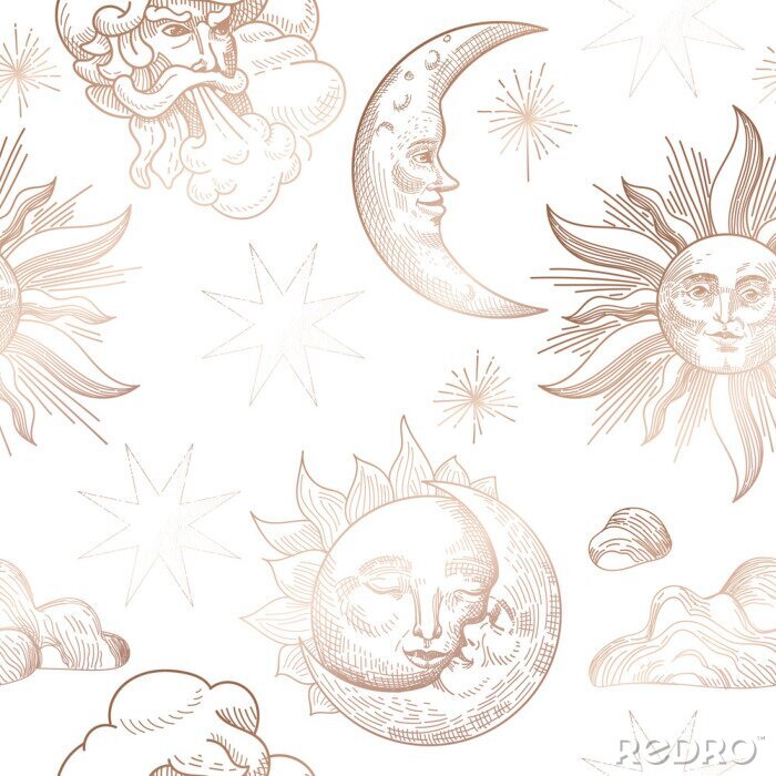 Papier peint à motif  Sun and Moon Vintage Seamless Pattern. Oriental Style Background with Stars and Celestial Astrological Symbols for Fabric, Wallpaper, Decoration. Vector illustration