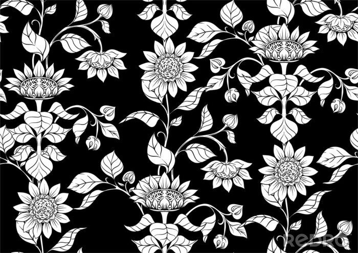 Papier peint à motif  Sunflower. Seamless pattern, background. Black and white graphics Vector illustration. In art nouveau style, vintage, old retro style