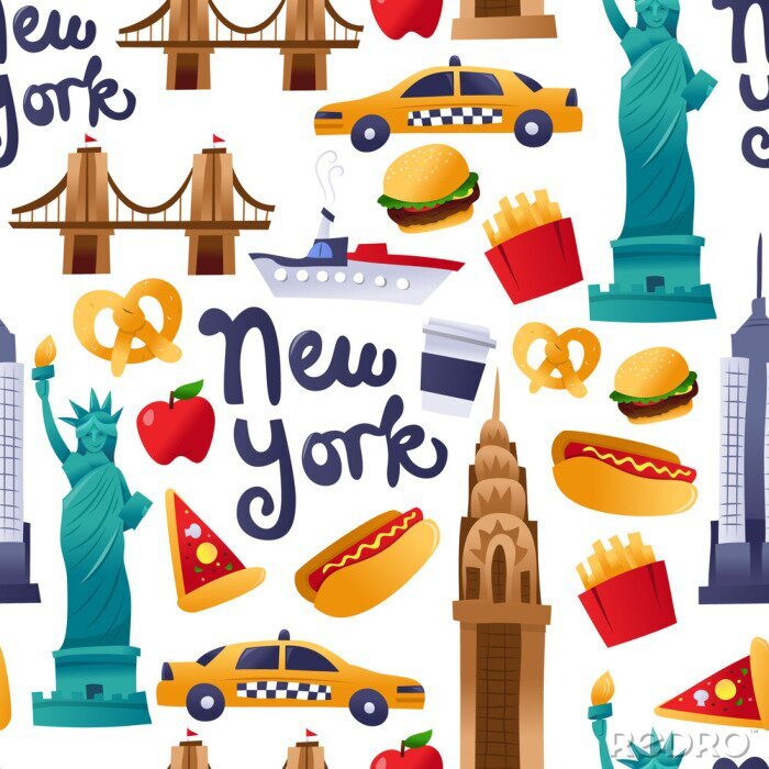 Papier peint à motif  Super Cute New York Culture Seamless Pattern Background
