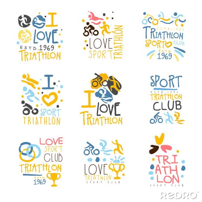 Papier peint à motif  Supporters et fans de triathlon Club pour les gens qui aiment le sport Ensemble de modèles colorés de conception de signe de promotion