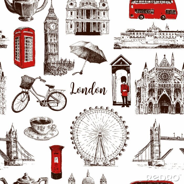 Papier peint à motif  Symboles d'architecture de Londres dessinés à la main vecteur transparente motif croquis. Big Ben, Tower Bridge, bus rouge, boîte aux lettres, boîte d'appel, garde