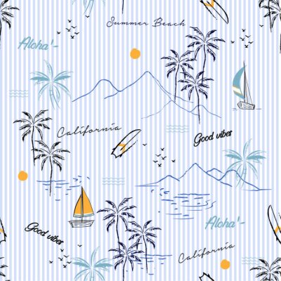 Papier peint à motif  Symboles d'été sur rayures bleues et blanches