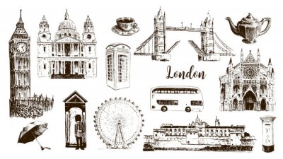 Symboles de Londres: Big Ben, Tower Bridge, bus, garde, boîte aux lettres, boîte d'appel. Cathédrale Saint-Paul, thé, parasol, Westminster.