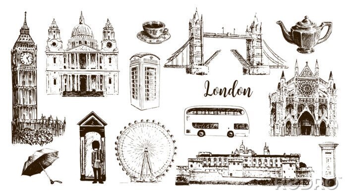 Papier peint à motif  Symboles de Londres: Big Ben, Tower Bridge, bus, garde, boîte aux lettres, boîte d'appel. Cathédrale Saint-Paul, thé, parasol, Westminster.