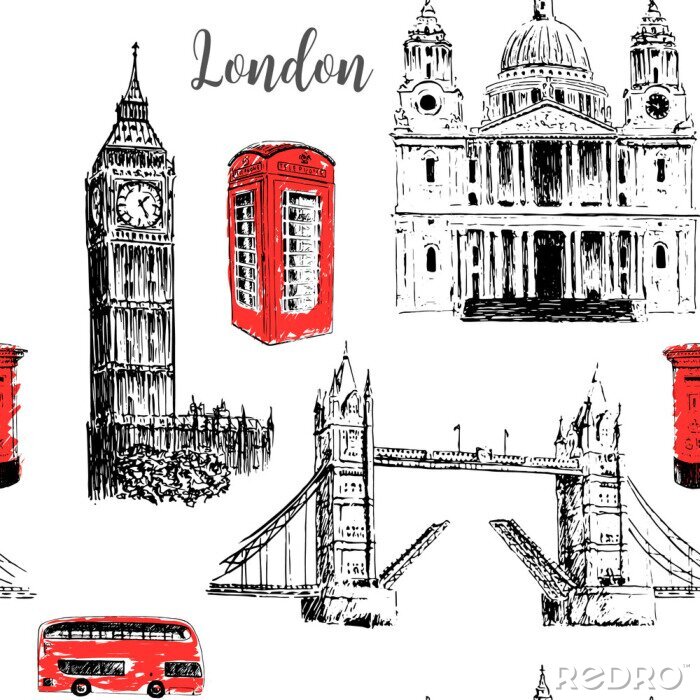 Papier peint à motif  Symboles de Londres: Cathédrale Saint-Paul, Big Ben et Tower Bridge. Belle illustration dessinée dessin dessinée à la main.