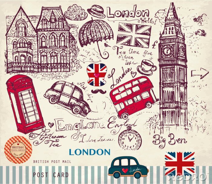 Papier peint à motif  Symboles de Londres sur une carte postale