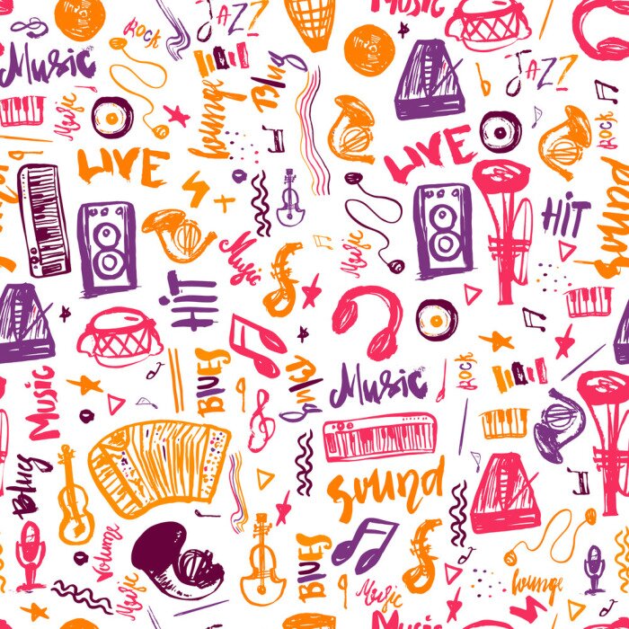 Papier peint à motif  Symboles de musique drôle main dessinée modèle sans soudure avec elemens et lettrage.