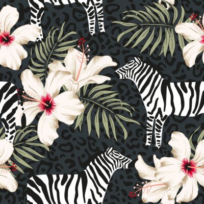 Papier peint à motif  Taches de zèbre et plantes tropicales