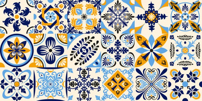 Papier peint à motif  Talavera pattern. Indian patchwork. Azulejos portugal. Turkish ornament. Moroccan tile mosaic. Ceramic tableware, folk print. Spanish pottery. Ethnic background. Mediterranean seamless wallpaper.