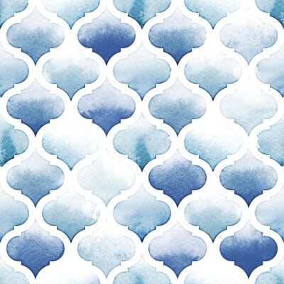 Papier peint à motif  Tanger tapis de couleurs bleues sur fond blanc. Aquarelle modèle sans soudure. Suiv.