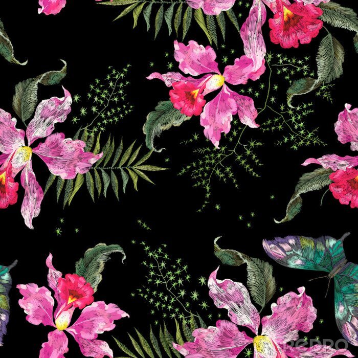 Papier peint à motif  Tendance à la broderie motif floral sans couture avec orchidées et papillons.