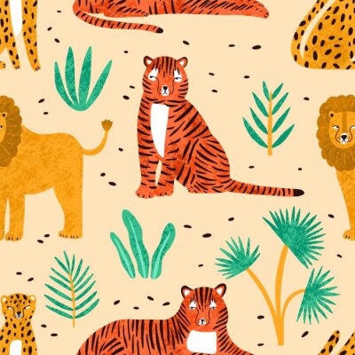 Papier peint à motif  Tendance modèle sans couture avec lions dessinés à la main, les tigres, les léopards et les feuilles des plantes tropicales sur fond clair. Toile de fond avec de jolis prédateurs exotiques et sauvages