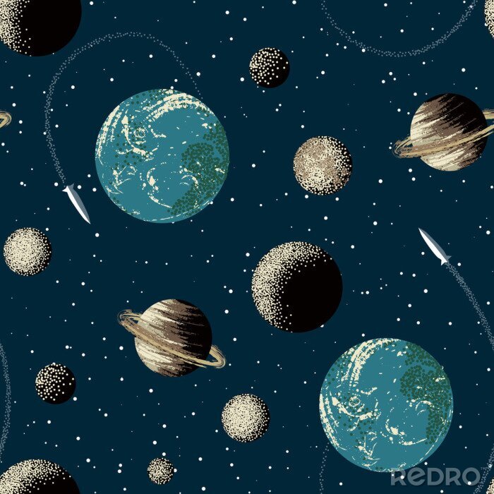 Papier peint à motif  Terre, Saturne, planètes et fusées dans l'espace. Modèle sans couture