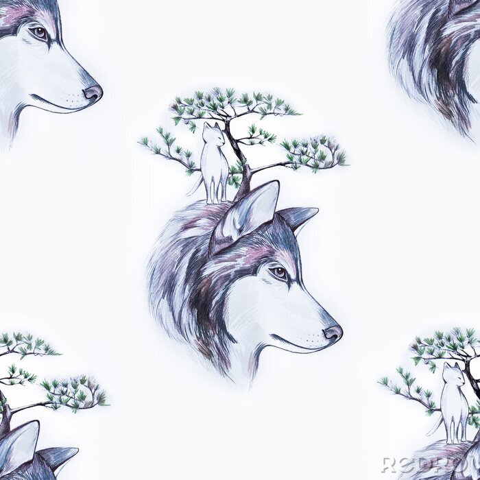 Papier peint à motif  Tête de loup avec arbre et animal