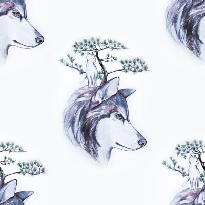 Papier peint à motif  Tête de loup avec arbre et animal