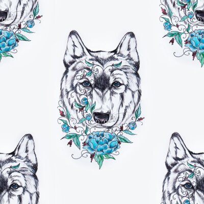 Papier peint à motif  Têtes de loup noir et blanc avec fleur bleue