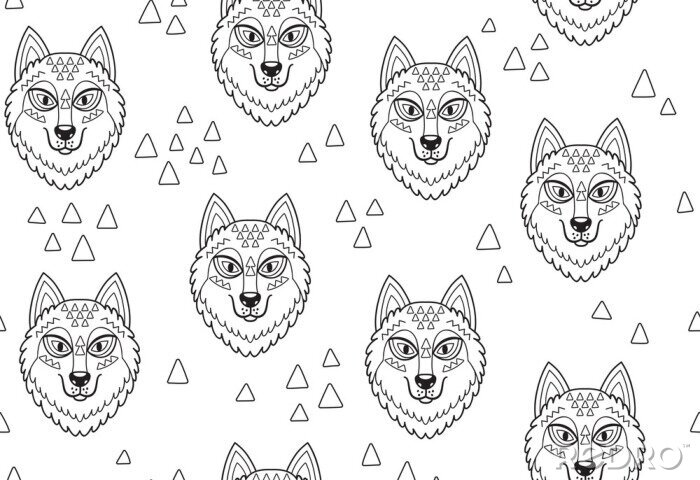Papier peint à motif  Têtes de loup noir et blanc avec triangles