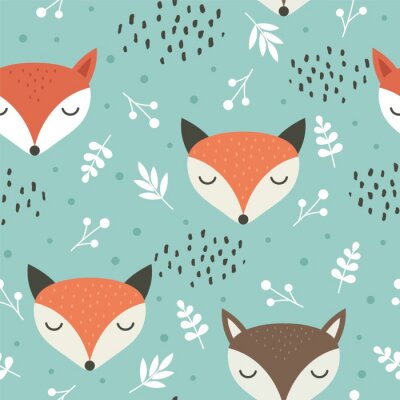 Papier peint à motif  Têtes de renards endormis sur fond vert
