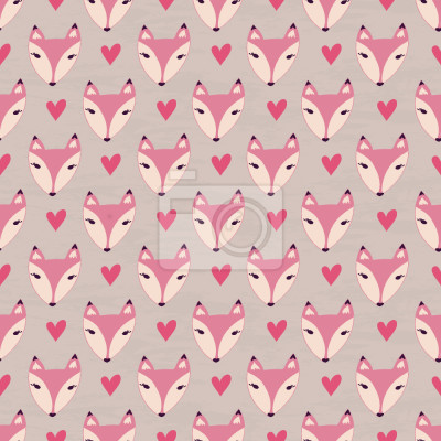 Papier peint à motif  Têtes de renards et petits cœurs roses