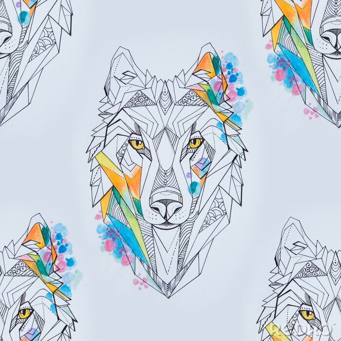 Papier peint à motif  Têtes et couleurs géométriques de loup