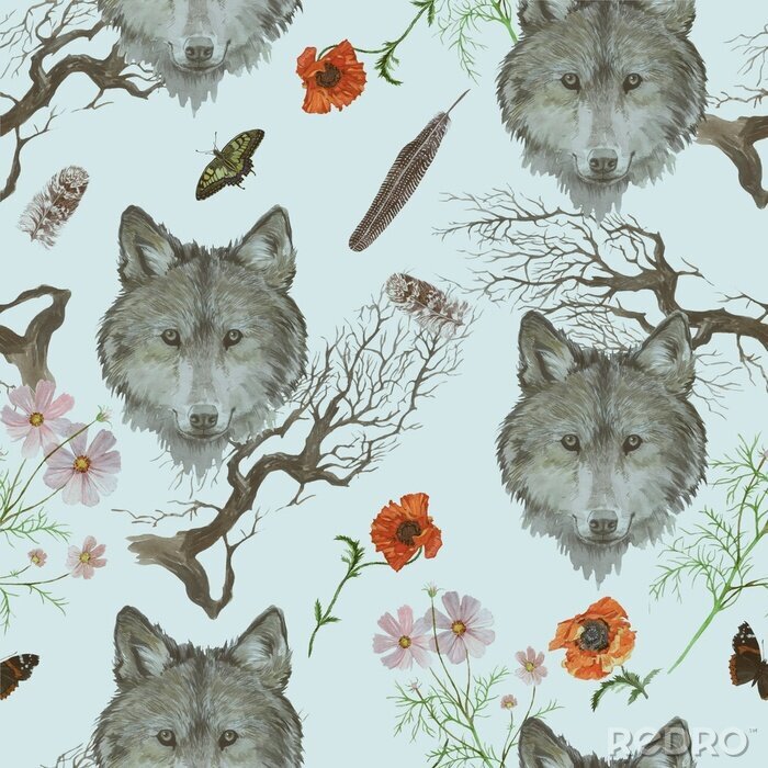 Papier peint à motif  Têtes et fleurs de loup gris