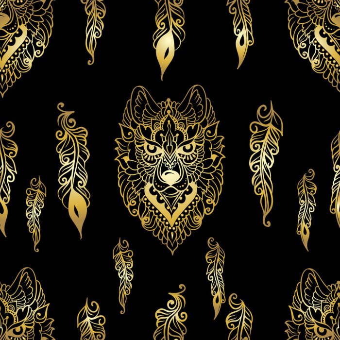 Papier peint à motif  Têtes et plumes de loup imitation or