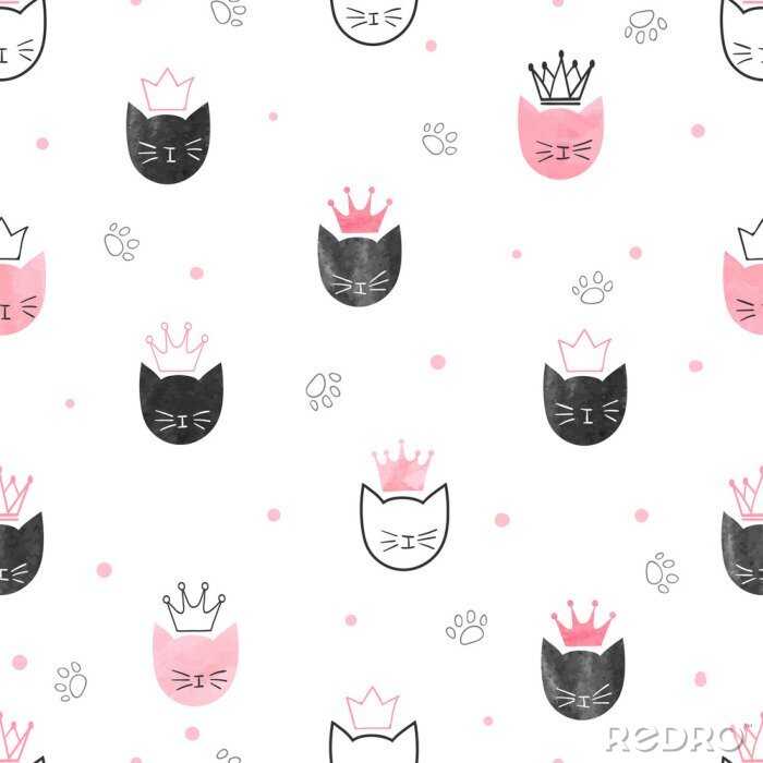 Papier peint à motif  Têtes roses de chats portant des couronnes