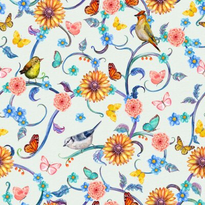 Papier peint à motif  Texture sans couture avec la belle flore tropicale et les oiseaux. Eau