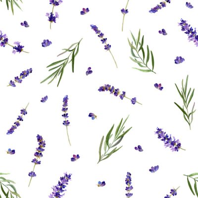 Papier peint à motif  The seamless pattern in a Provence style with lavender flowers and leafed branches hand drawn in watercolor isolated on a white background. Watercolor floral background. Ideal for wallpaper or fabric.