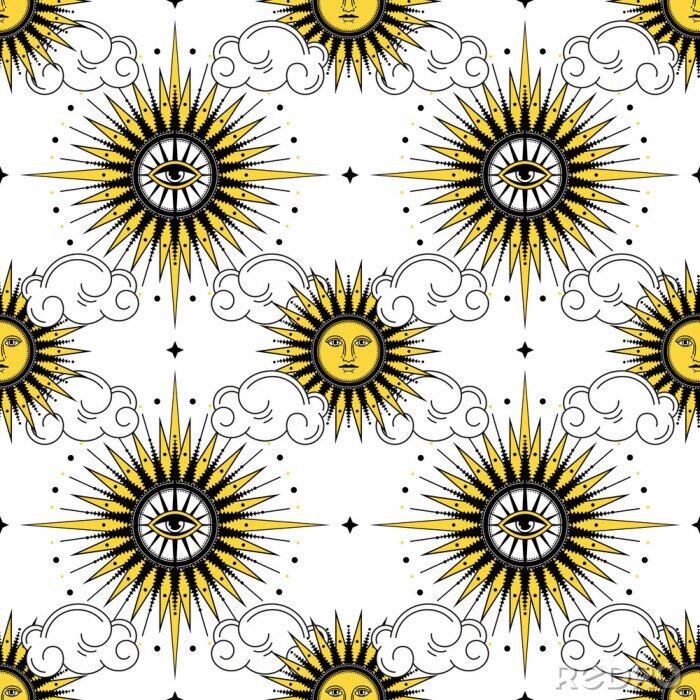 Papier peint à motif  The sun among the clouds on a white background.Seamless sun pattern for fabric, wallpaper, wrapping paper, cards and web backgrounds.