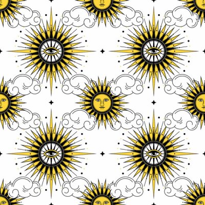Papier peint à motif  The sun among the clouds on a white background.Seamless sun pattern for fabric, wallpaper, wrapping paper, cards and web backgrounds.