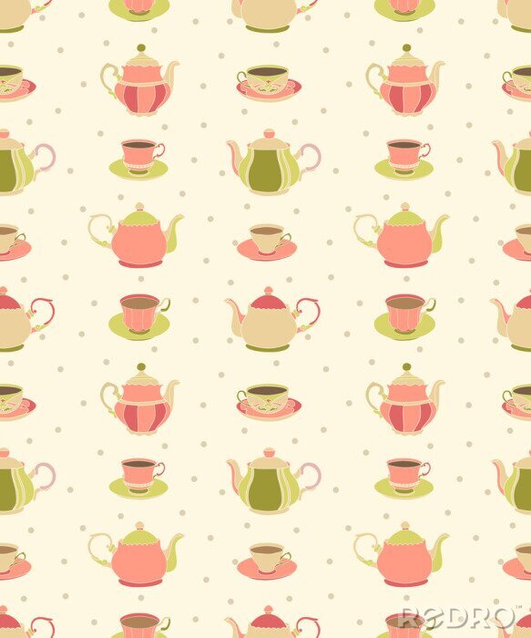 Papier peint à motif  Théières et tasses roses