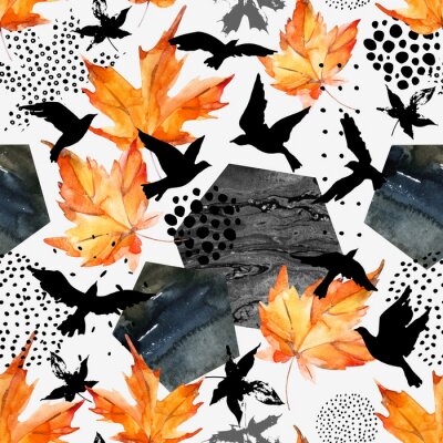 Papier peint à motif  Thème avec des oiseaux à pois et des feuilles d'automne