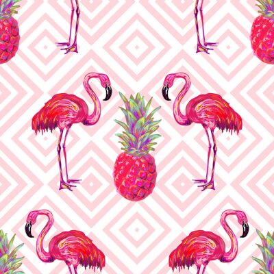 Papier peint à motif  Thème oiseaux exotiques flamants roses et ananas
