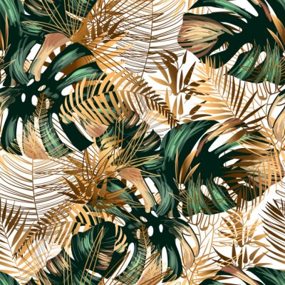 Papier peint à motif  Thème or avec monstera