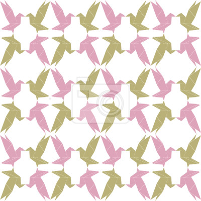 Papier peint à motif  Thème rose et vert avec des oiseaux en origami