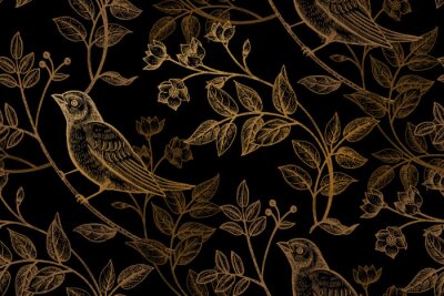 Papier peint à motif  Thème sombre avec oiseaux, feuilles et fleurs