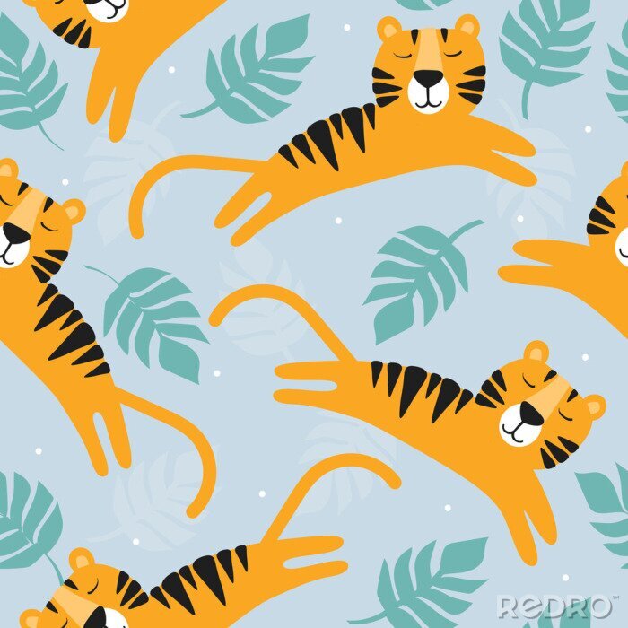 Papier peint à motif  Tigers, leaves, hand drawn backdrop. Colorful seamless pattern with animals. Decorative cute wallpaper, good for printing. Overlapping background vector. Design illustration