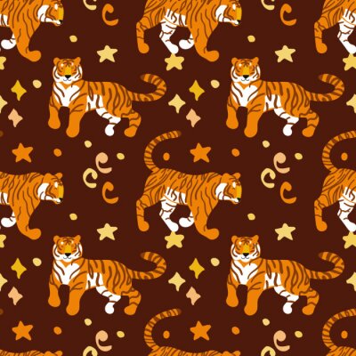 Tigers. Vector hand drawn seamless pattern. Ornament with predators. Wild cats background.