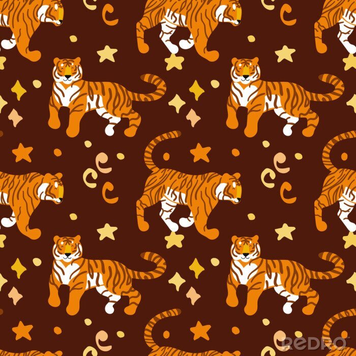 Papier peint à motif  Tigers. Vector hand drawn seamless pattern. Ornament with predators. Wild cats background.