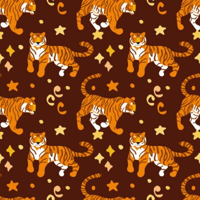 Papier peint à motif  Tigers. Vector hand drawn seamless pattern. Ornament with predators. Wild cats background.