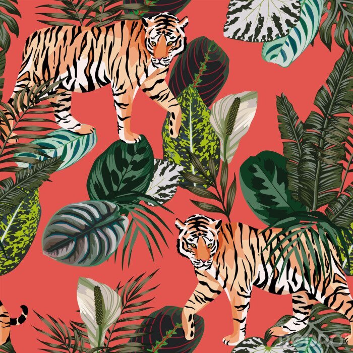 Papier peint à motif  Tigre dans la jungle vivant à fond de corail