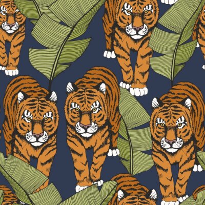 Papier peint à motif  Tigre dans les feuilles tropicales. Modèle sans couture avec des feuilles de tigre et de banane