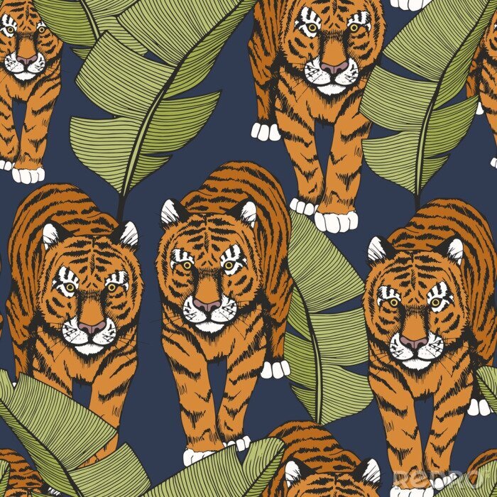 Papier peint à motif  Tigre dans les feuilles tropicales. Modèle sans couture avec des feuilles de tigre et de banane