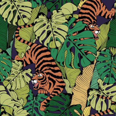 Papier peint à motif  Tigre dans les feuilles tropicales. Tigre accroupi. Modèle vectorielle continue